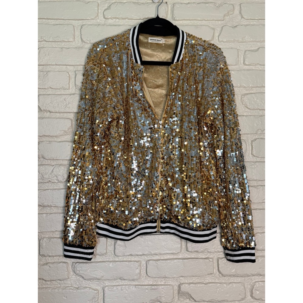 Anna-Kaci Gold Silver Sequin Bomber Jacket Striped Trim Varsity Zip Up Large